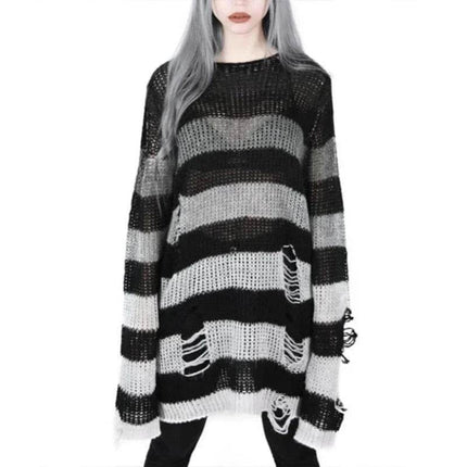 Women Gothic Striped Hollow Long Sweater - Sweater - lunoakvo - Mad Fly Essentials