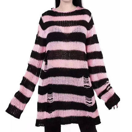 Women Gothic Striped Hollow Long Sweater - Sweater - lunoakvo - Mad Fly Essentials