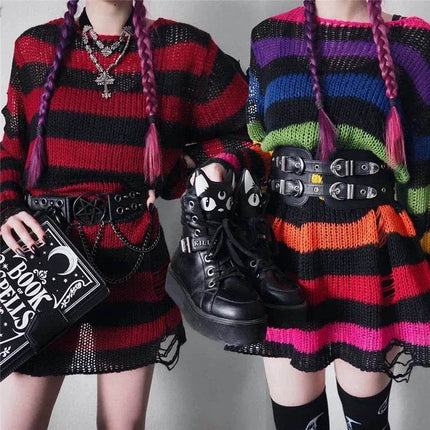 Women Gothic Striped Hollow Long Sweater - Sweater - lunoakvo - Mad Fly Essentials