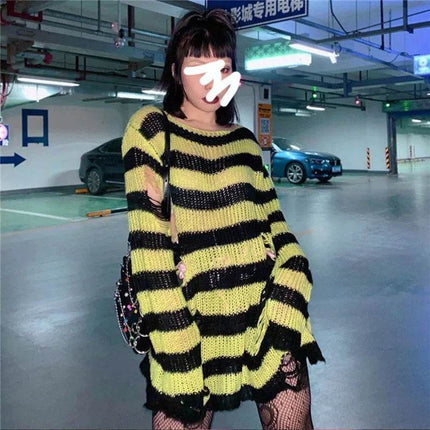 Women Gothic Striped Hollow Long Sweater - Sweater - lunoakvo - Mad Fly Essentials