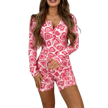 Women Heart Print Playsuits Long Romper - Romper - Combhasaki - Mad Fly Essentials