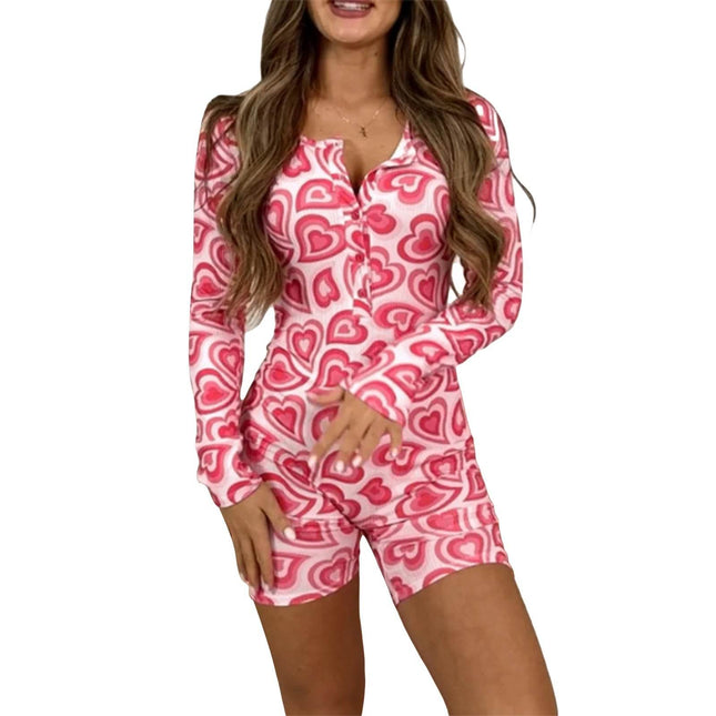 Women Heart Print Playsuits Long Romper - Romper - Combhasaki - Mad Fly Essentials