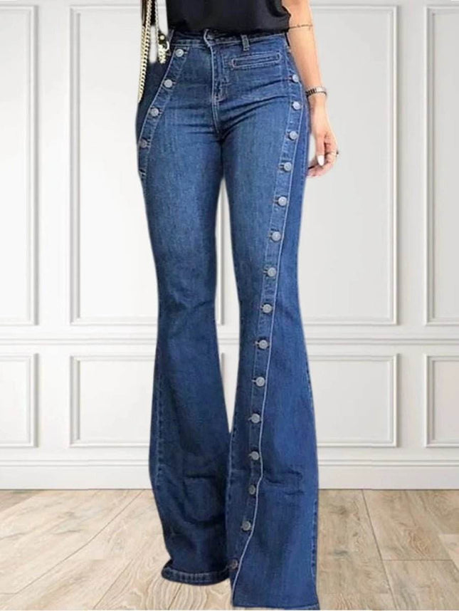 Women High Waist Button Flare Jeans - Jeans - VODA MOMO - Mad Fly Essentials