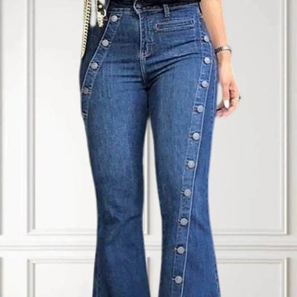 Women High Waist Button Flare Jeans - Jeans - VODA MOMO - Mad Fly Essentials