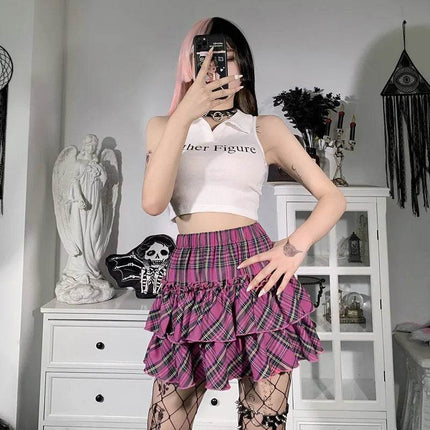 Women High - Waist Gothic Plaid Pink Mini Skirt - Mini Skirt - CORLVON - Mad Fly Essentials