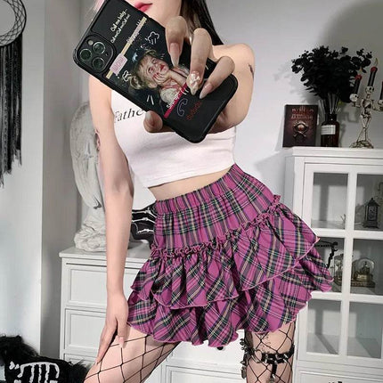 Women High - Waist Gothic Plaid Pink Mini Skirt - Mini Skirt - CORLVON - Mad Fly Essentials