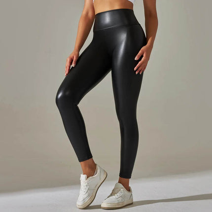 Women High - Waist Leather Pencil Fitness Leggings - Fitness Leggings - BLILUEN - Mad Fly Essentials