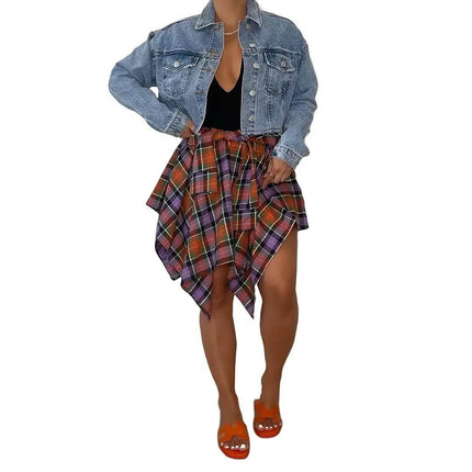 Women High Waist Plaid Asymmetrical Skirt - Skirt - Swimmart - Mad Fly Essentials