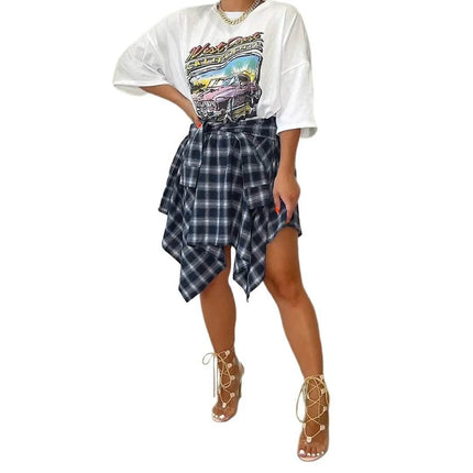 Women High Waist Plaid Asymmetrical Skirt - Skirt - Swimmart - Mad Fly Essentials