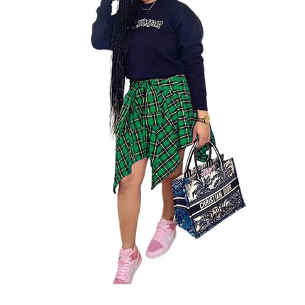 Women High Waist Plaid Asymmetrical Skirt - Mad Fly Essentials