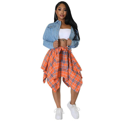 Women High Waist Plaid Asymmetrical Skirt - Skirt - Swimmart - Mad Fly Essentials