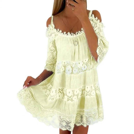Women Embroidery Crochet Lace Cold Shoulder Mini Dress - Mini Dress - Boho Queens - Mad Fly Essentials