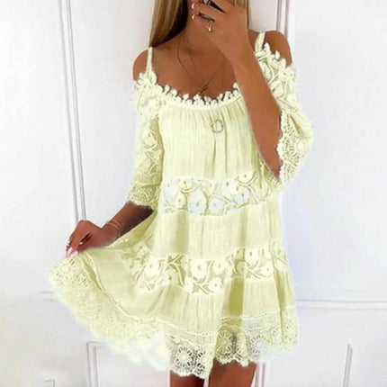 Women Embroidery Crochet Lace Cold Shoulder Mini Dress - Mini Dress - Boho Queens - Mad Fly Essentials
