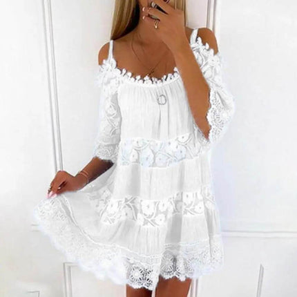 Women Embroidery Crochet Lace Cold Shoulder Mini Dress - Mini Dress - Boho Queens - Mad Fly Essentials