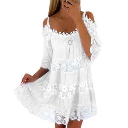 Women Embroidery Crochet Lace Cold Shoulder Mini Dress - Mini Dress - Boho Queens - Mad Fly Essentials
