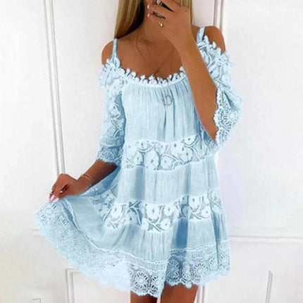 Women Embroidery Crochet Lace Cold Shoulder Mini Dress - Mini Dress - Boho Queens - Mad Fly Essentials