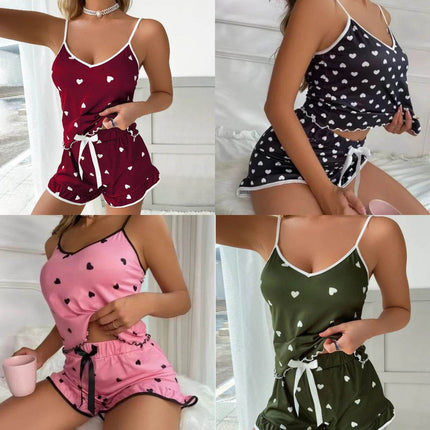 Women Ice Silk Hearts Floral Homewear Pajama Set - Pajama Set - Bsailen - Mad Fly Essentials