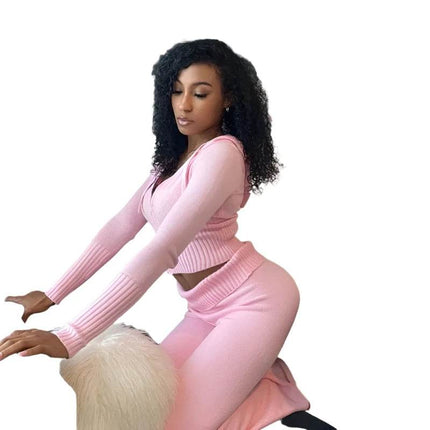 Women Knitted 2pc Pink Long Tracksuit - Tracksuit - Hirigin - Mad Fly Essentials