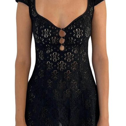 Women Lace Solid Black White Mini Dress - Mini Dress - kalenmos - Mad Fly Essentials