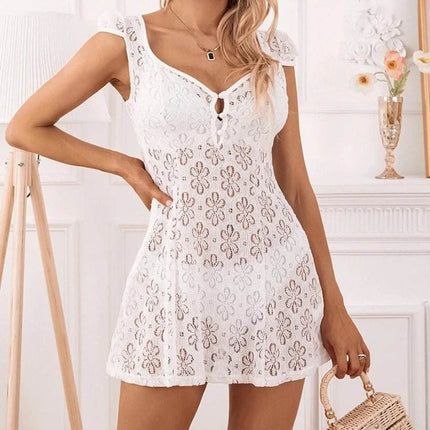 Women Lace Solid Black White Mini Dress - Mini Dress - kalenmos - Mad Fly Essentials