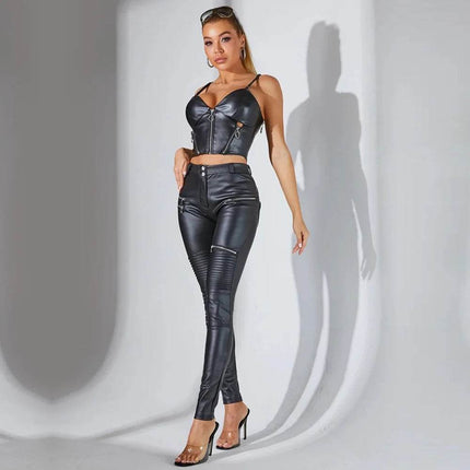 Women Leather Slim - Fit Zip Glossy Motorcycle Pants - Pants - NON - ANIMAL - Mad Fly Essentials