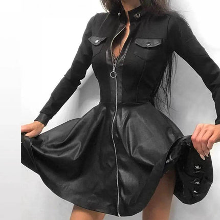 Women Long Zipper Leather Lace Mini Dress - Mini Dress - Marciella - Mad Fly Essentials