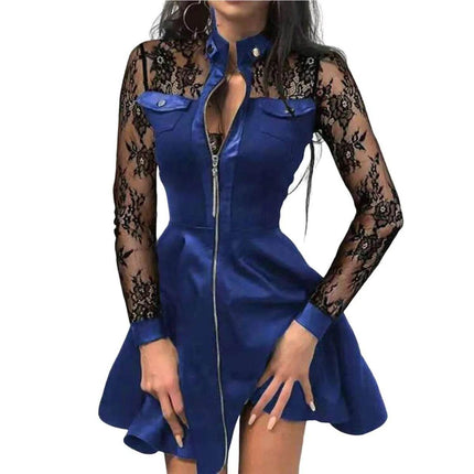 Women Long Zipper Leather Lace Mini Dress - Mini Dress - Marciella - Mad Fly Essentials