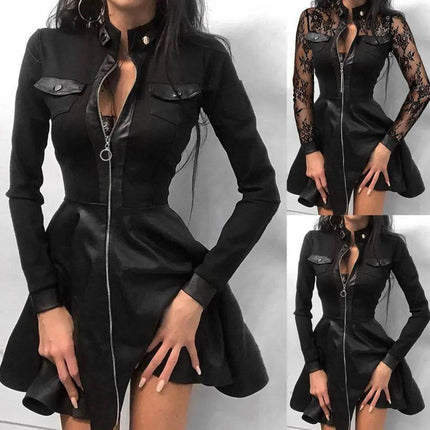 Women Long Zipper Leather Lace Mini Dress - Mini Dress - Marciella - Mad Fly Essentials