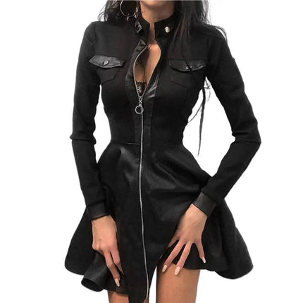 Women Long Zipper Leather Lace Mini Dress - Mini Dress - Marciella - Mad Fly Essentials