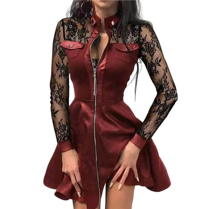 Women Long Zipper Leather Lace Mini Dress - Mini Dress - Marciella - Mad Fly Essentials