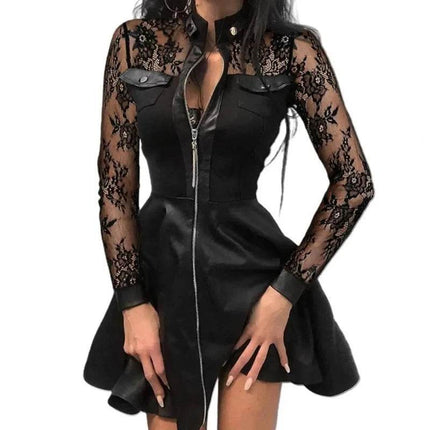 Women Long Zipper Leather Lace Mini Dress - Mini Dress - Marciella - Mad Fly Essentials