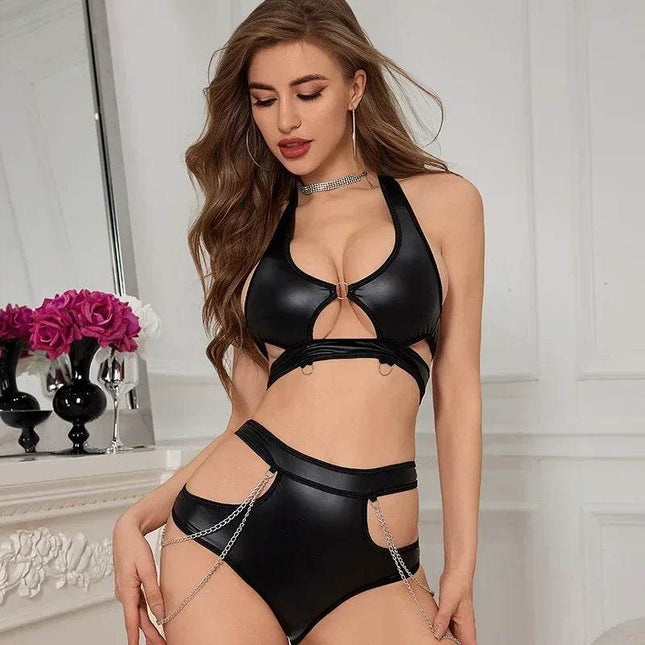 Women Metal Chain Leather Lingerie Set - Lingerie Set - Sleepless - Mad Fly Essentials