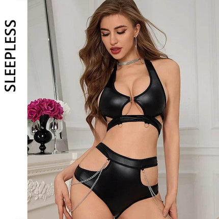 Women Metal Chain Leather Lingerie Set - Lingerie Set - Sleepless - Mad Fly Essentials