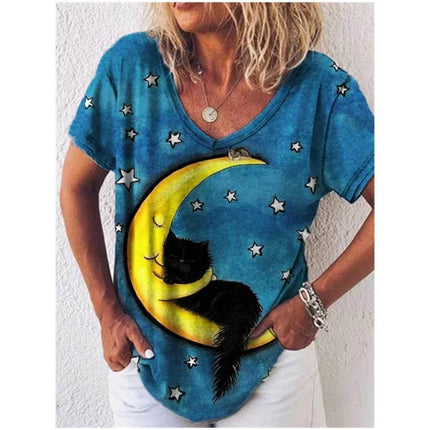 Women Moon Cat Animal 3D Summer Shirt - Mad Fly Essentials