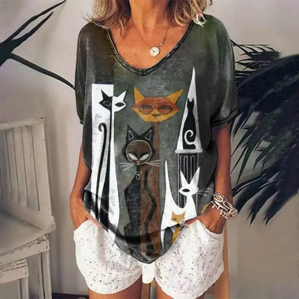 Women Moon Cat Animal 3D Summer Shirts - Mad Fly Essentials