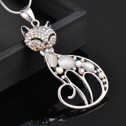 Women Opal Rhinestone Cat Pendant Necklace - Necklace - Sinleery - Mad Fly Essentials