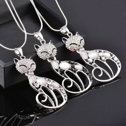 Women Opal Rhinestone Cat Pendant Necklace - Necklace - Sinleery - Mad Fly Essentials