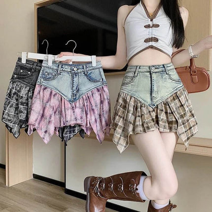 Women Patchwork High Waist A - Line Denim Mini Skirt - Mini Skirt - Dream Girl - Mad Fly Essentials
