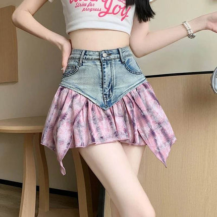 Women Patchwork High Waist A - Line Denim Mini Skirt - Mini Skirt - Dream Girl - Mad Fly Essentials