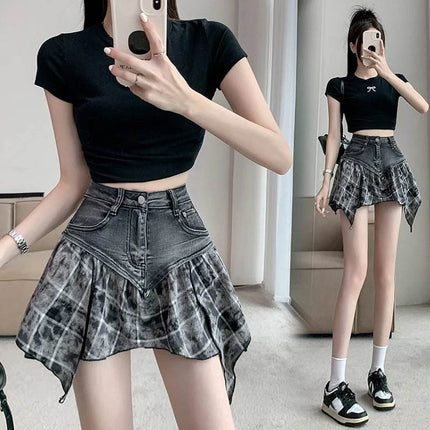 Women Patchwork High Waist A - Line Denim Mini Skirt - Mini Skirt - Dream Girl - Mad Fly Essentials