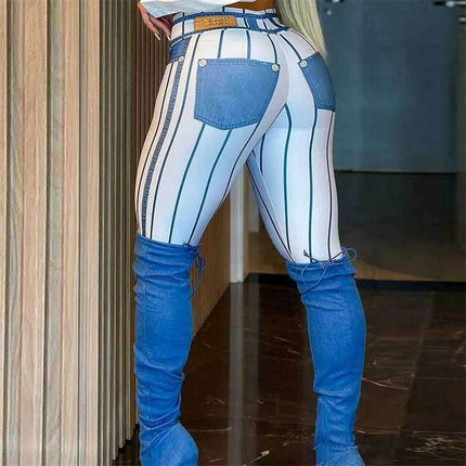 Women Pink Denim Striped Fitness Leggings - Fitness Leggings - FCCEXIO - Mad Fly Essentials