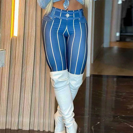 Women Pink Denim Striped Fitness Leggings - Fitness Leggings - FCCEXIO - Mad Fly Essentials