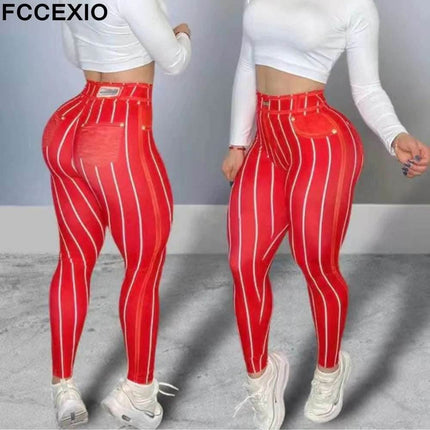 Women Pink Denim Striped Fitness Leggings - Fitness Leggings - FCCEXIO - Mad Fly Essentials