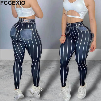 Women Pink Denim Striped Fitness Leggings - Fitness Leggings - FCCEXIO - Mad Fly Essentials