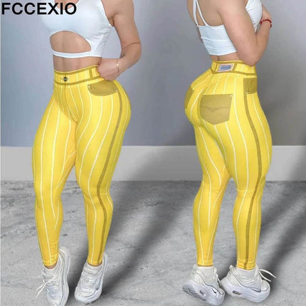 Women Pink Denim Striped Fitness Leggings - Fitness Leggings - FCCEXIO - Mad Fly Essentials