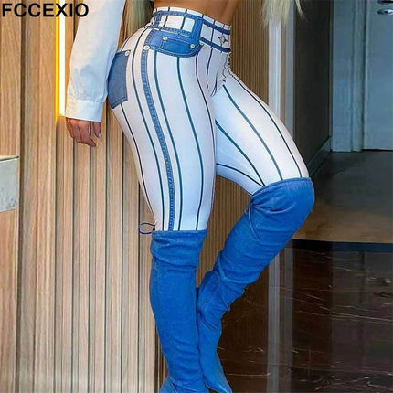 Women Pink Denim Striped Fitness Leggings - Fitness Leggings - FCCEXIO - Mad Fly Essentials