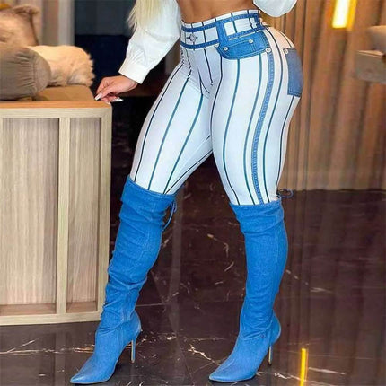 Women Pink Denim Striped Fitness Leggings - Fitness Leggings - FCCEXIO - Mad Fly Essentials