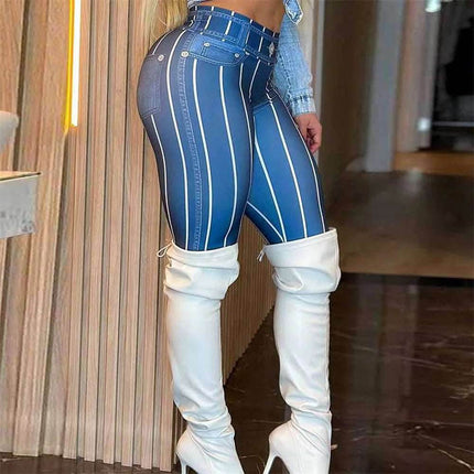 Women Pink Denim Striped Fitness Leggings - Fitness Leggings - FCCEXIO - Mad Fly Essentials