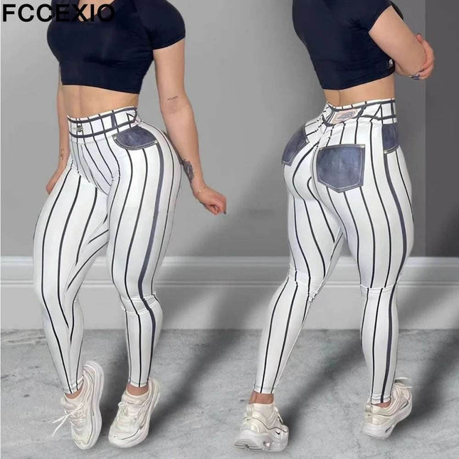 Women Pink Denim Striped Fitness Leggings - Fitness Leggings - FCCEXIO - Mad Fly Essentials
