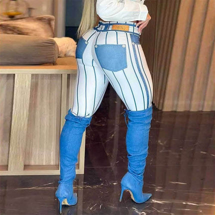 Women Pink Denim Striped Fitness Leggings - Fitness Leggings - FCCEXIO - Mad Fly Essentials